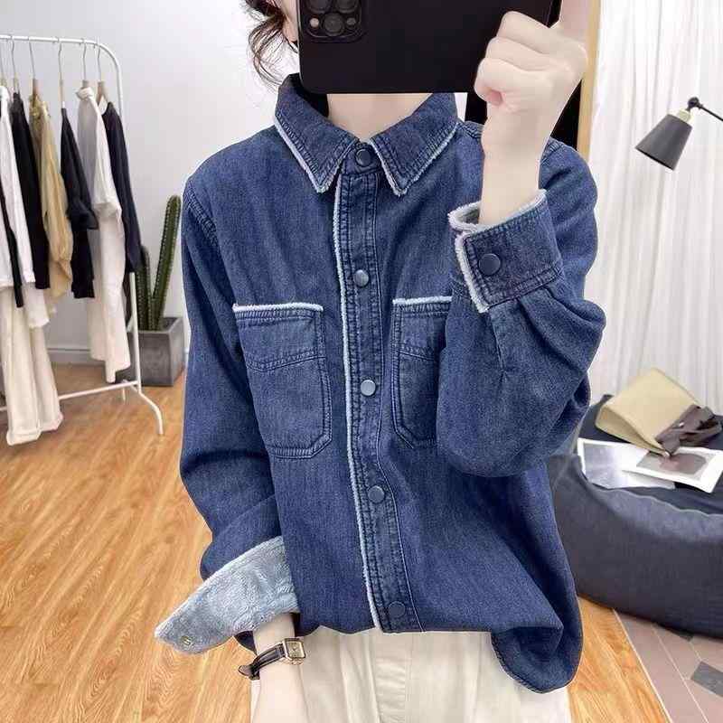 秋冬 女性用 牛仔 長袖 シャツ トップス フラップカラ プルオーバー 加厚 保暖 ジャケット コート 気質 通勤 スタイル 快適 ゆったり シルエット 深牛仔ブルー ライトブルー ネイビー 基本款 長袖 無扣 冬用 暖か素材 デイリー ウェア ビジネス 4,799円