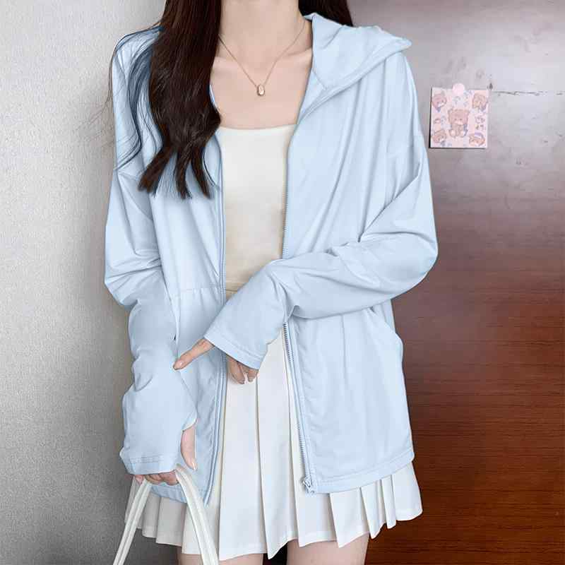 防晒トップス 女性用 夏 接触冷感 薄手 長袖 連帽 ジップアップ 切り替え ポリエステル 紫外線対策 防風 ゆったりシルエット 気質 通勤風 快適 普段使い ブルー パープル イエロー ピンク ブラック グレー ホワイト