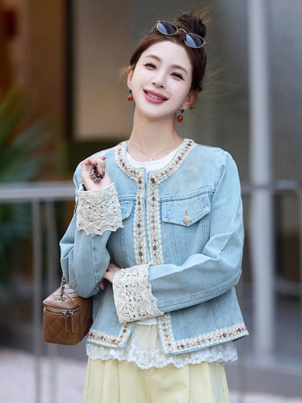 デニムジャケット 女性用 春夏 かわいい 切り替え レース ビーズ デザイン 短丈 長袖 丸首 コットン デニム素材 通勤 気質 快適 軽量 伸縮性 ブラック アイボリー ピンク系 カジュアルスタイル