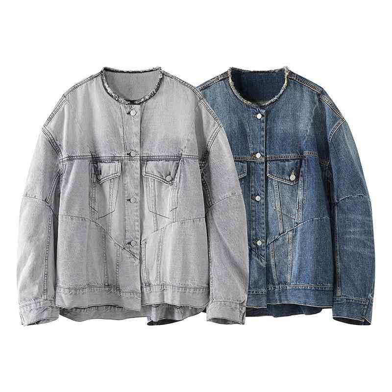 ジャケット レディース 牛仔 コットン 素材 プリンセススリーブ ラウンドネック ゆったりシルエット スタンドカラー デザイン 私服 セレブスタイル 御姐風 牛仔ブルー 牛仔グレー ホワイト ミックス 軽量 伸縮性 通勤 普段使い 秋冬 アウター トップ