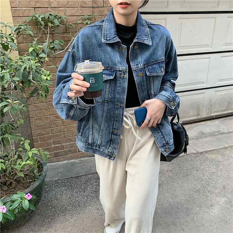 レディース 牛仔ジャケット 秋冬 通勤風 気質 ポロカラ 長袖 切り替え ワイドシルエット 綿素材 伸縮性 軽量 吸湿速乾 ブルー 復古 トレンド ルーズフィット デニム トップス コート カジュアル 普段使い ハイネック シングルブレスト ミディアム丈