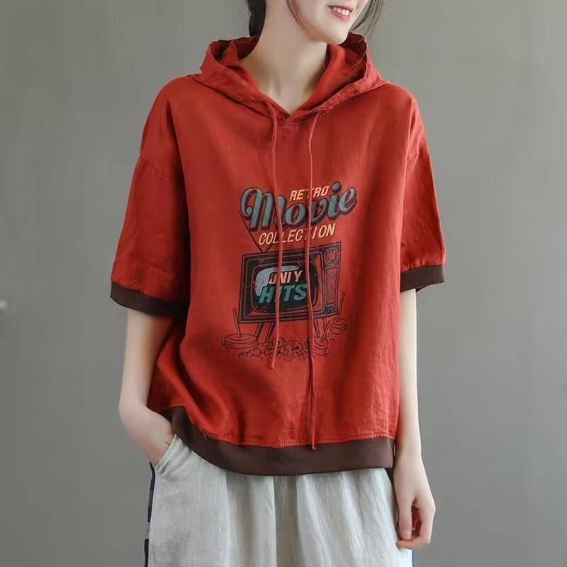 Tシャツ レディース 短袖 コットン 素材 95%以上 接触冷感 薄手 夏 春夏 連帽 デザイン プリント柄 ワイドシルエット ゆったり ボヘミアン柄 民族風 スタイリッシュ 気質 通勤用 都市スタイル かわいい 清新 ミントグリーン ブラウン オレンジ