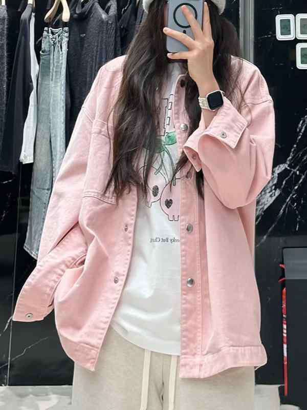 レディース 春夏 ジャケット トップス 牛仔 シャツ 外套 煙色 ピンク系 綿 素材 95% 以上 長袖 翻領 ゆったり シルエット 普通 丈 50cm 以上 65cm 以下 日常 使い 軽量 伸縮性 吸湿速乾 加工 カジュアル スタイル 日韓 風 レト