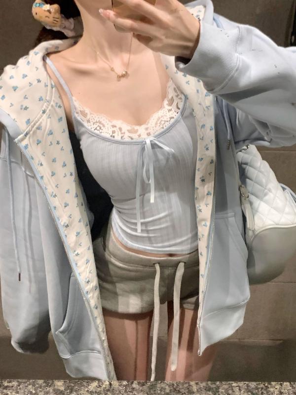 パーカー 女性用 秋 ブルー フラワー柄 フード付き 長袖 ジップアップ トップス ワイドシルエット ミドル丈 コットン混 ポリエステル 接触冷感 吸湿速乾 軽量 伸縮性 韓国スタイル かわいい デザイン カジュアル 普段使い 百搭 快適 ルームウェア