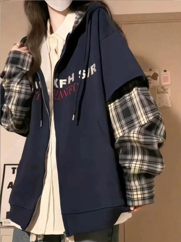 レディース 秋冬 フード付き ジップパーカー チェック柄 切り替え デザイン ゆったり ロング丈 長袖 厚手 ポリエステル 素材 防シワ加工 快適 日常使い ゆったりシルエット ネイビー トップス コーデ 秋冬 コーディネート