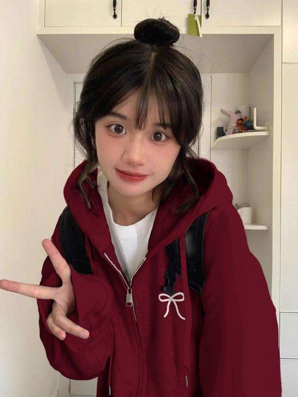 レディース フーディ 開襟 コットン 長袖 薄手 ジップアップ ゆったり ルーズフィット 韓国風 カジュアル トップス プリント 柄 ワインレッド グレー ベージュ 秋 春 快適 普段使い 軽量 伸縮性 吸湿速乾 通勤 外出 アウトドア デイリーウェア