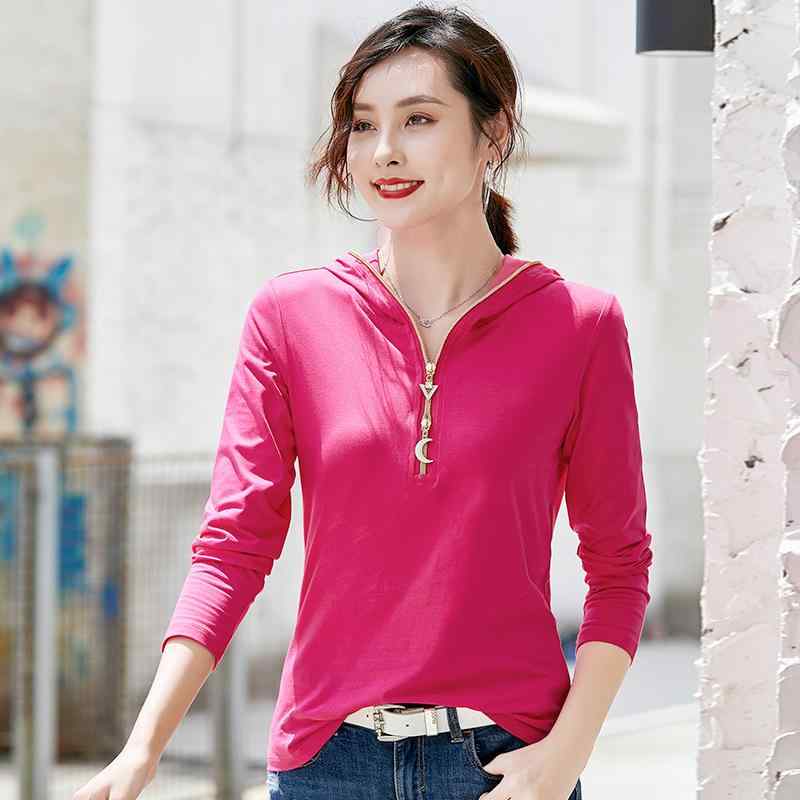 Tシャツ レディース 長袖 連帽 プルオーバー 薄手 インナー トップス 綿 スパンデックス ソリッドカラー スリムフィット ジップ 都市カジュアル ブラック ローズレッド グレー ホワイト S M L XL XXL XXXL 吸湿速乾 伸縮性 春 秋