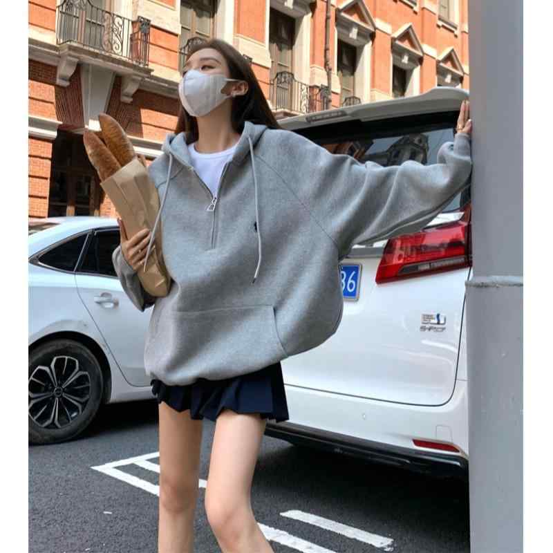 レディース フーディ グレー 春秋冬 薄手 加厚 ロングスリーブ インサートスリーブ ポロカラ ルーズフィット ハーフジッパー トップス アウター 私服 コート 風
