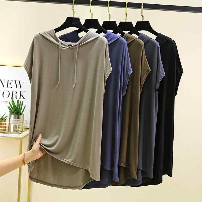 Tシャツ レディース モダール 接触冷感 吸湿速乾 短袖 連帽 ワイドシルエット 薄手 夏 通勤 普段使い ブラック ホワイト グレーグリーン ブラウングリーン ベージュ ライトピンク ライトブルー ダークグレー デニムブルー