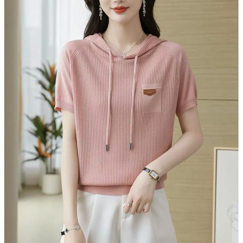 Tシャツ レディース 短袖 連帽 トップス 夏 春夏 接触冷感 薄手 再生繊維 ニット かわいい ゆったり ルーズフィット 肩落とし袖 Vネック 桜花ピンク 翡翠グリーン オレンジ 赤 ブラック 通勤 通勤風 気質 軽量 吸湿速乾 部屋着 普段使い カジ