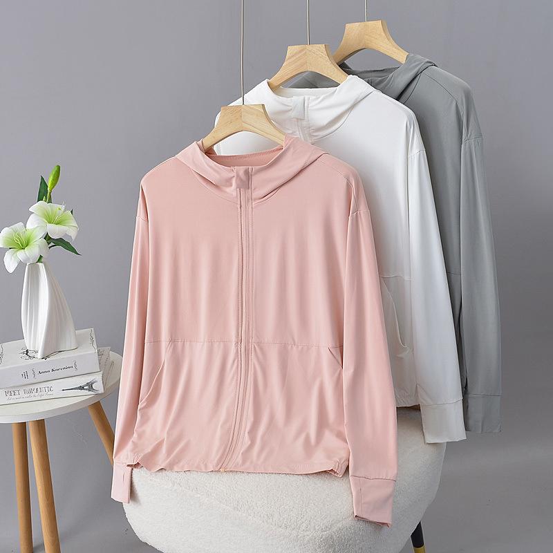 Tシャツ レディース 春夏 防晒 開衫 長袖 連帽 透気 薄手 直筒 普通丈 ポケット 切り替え ポリエステル 純色 白色 ピンク グレー プラスサイズ 快適 軽量 吸湿速乾 日韓カジュアル