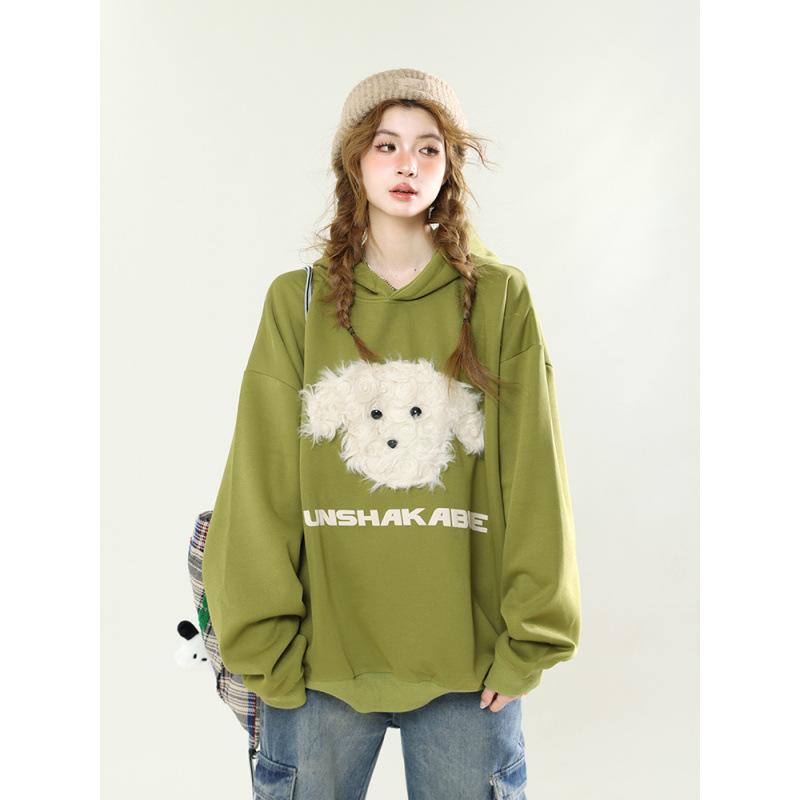 レディース フーディー コットン混紡 340g フリース 犬柄 刺繍 ワイドシルエット セットインスリーブ グリーン 杏色 通勤風 気質 快適 厚手 長袖 秋冬 コスプレ かわいい アウトドア 普段使い 軽量