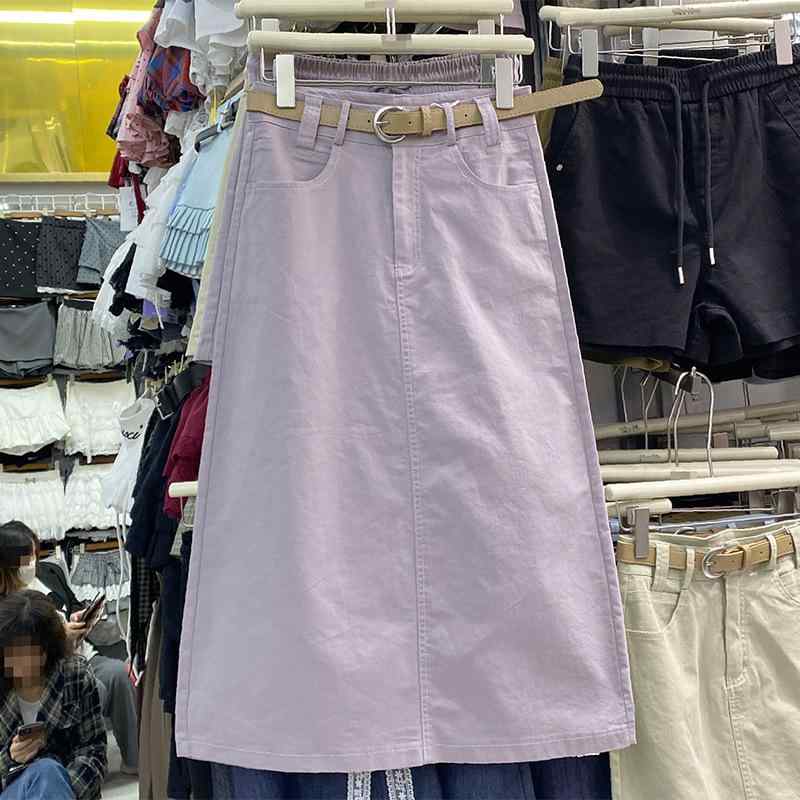 スカート 女性用 春夏 紫色 ハイウエスト 開き デニム スカート 直筒 ミディアムロング 半身 スカート ワイド ルーズ スタイル カジュアル 私服 弾力 伸縮性 軽量 切り替え デザイン 波状 ヘム 洗い加工 綿素材 日常使い 通勤 コーデ 再生繊維