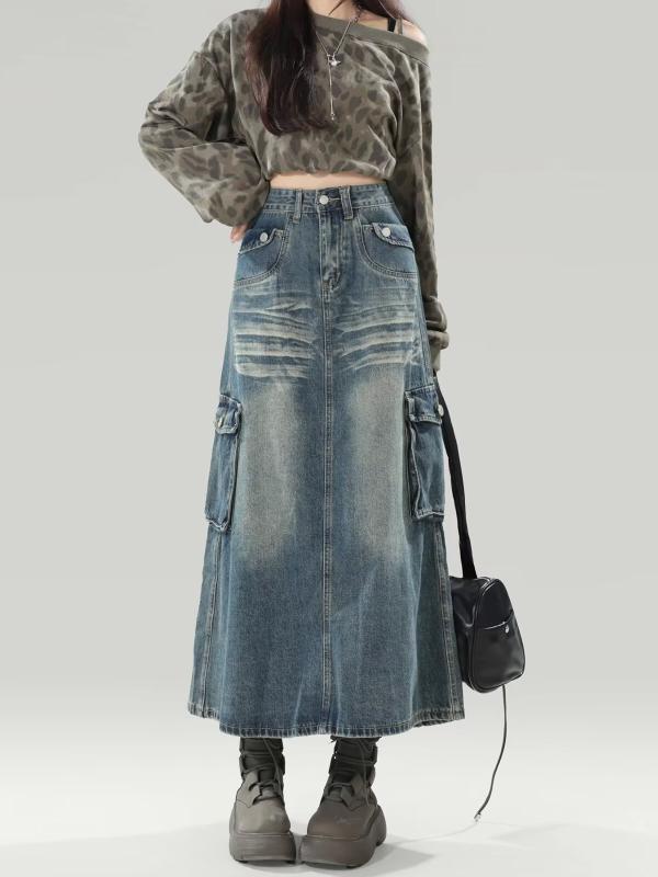スカート 女性用 春夏 工装スカート デニム 半身スカート 高腰 Aライン 包みスカート 中長丈 ヒップハグ スリム 復古カラー ポケット ストリートスタイル 個性派 綿混 ポリエステル 軽量 普段使い コーディネート トレンド カジュアル ファッション