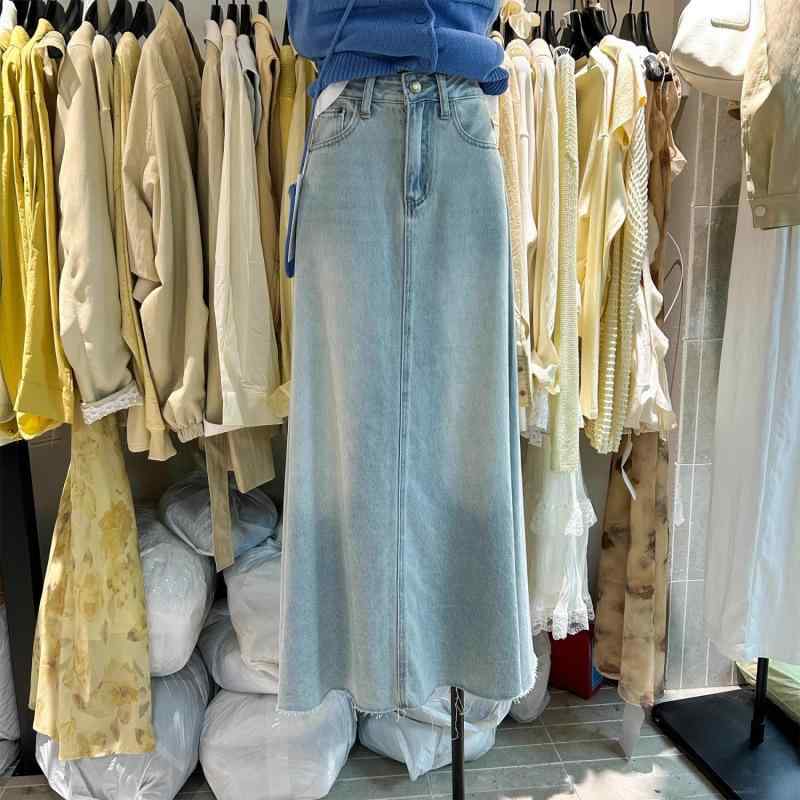 スカート 女性用 韓国風 アメリカン 復古 ハイウエスト スリム 包みヒップ ロング Aライン デニム 半身 ミッドレングス ボタン ディテール ノーアイロン 加工 牛仔布 ストレッチ 糸 縁取り ヴィンテージ ブルー 秋冬 文学的 スタイル