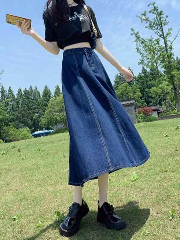 スカート 女性用 デニム Aライン ミディ丈 プリーツ フレア 切り替え コットン 素材 微弾性 深ブルー ライトブルー 夏 春夏 通勤 普段使い 軽量 カジュアル