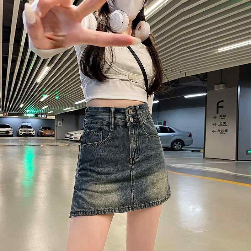 半身スカート レディース 夏用 牛仔スカート ハイウエスト Aライン 短スカート マイクロストレッチ コットン混 ポリエステル混 ボタン ジッパー ポケット付き ブルー ブラックグレー スリム効果 軽量 通勤 普段使い カジュアル かわいい ビッグシルエ
