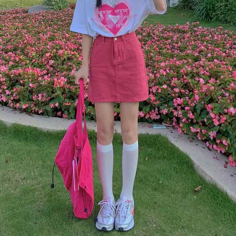 スカート 女性用 ハイウエスト スリム 包みヒップ Aライン 半身スカート 夏 デニム 短スカート かわいい クール ローズピンク コットン ボタン ジッパー 純色 通勤 都市 気質 軽量 伸縮性 吸湿速乾