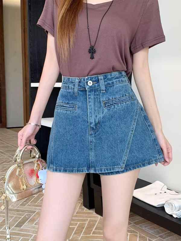 半身スカート 女性 夏用 コットン デニム ミックス ハイウエスト 包臀 Aライン 短丈 防走光 スリム効果 防シワ ブルー 不規則ヘム ヴィンテージ加工 気質 通勤 快適 休? スタイル