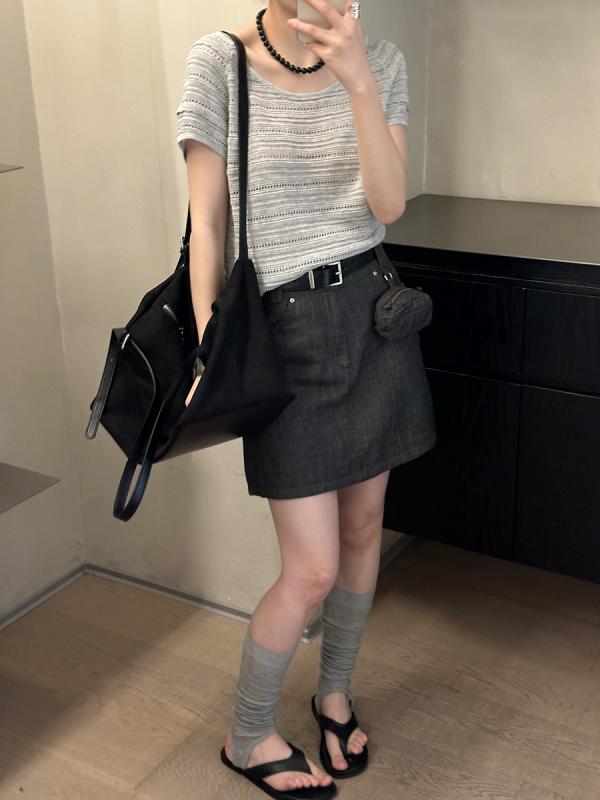 スカート 女性用 牛仔 半身 短丈 Aライン 包み込み 夏用 デニム コットン 砂洗い加工 無弾性 ボタン ディテール 純色 軽量 スリム効果 日韓カジュアル 普段使い ミッドブルー グレー ホワイト 再生繊維 混紡 通年対応