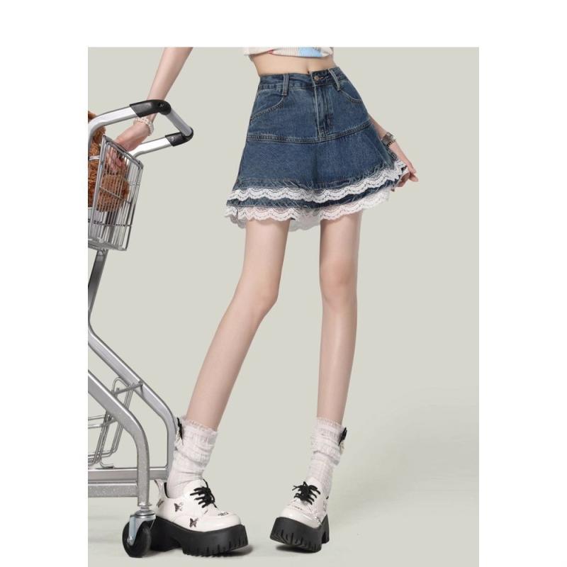 スカート 女性用 夏 デニム Aライン 短め ミディ丈 ハイウエスト 包臀 防走光 スリム効果 ビッグサイズ 復古 ケーキプリント レース 切り替え ブルー 接触冷感 快適 軽量 吸湿速乾 普段使い カジュアル 爽やか かわいい スタイル