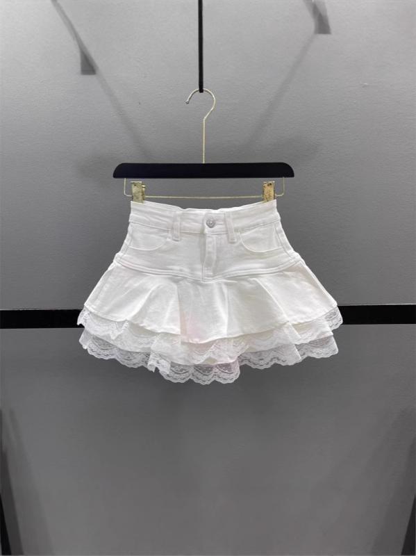 半身スカート レディース 牛仔布 白色 レース 花辺 春夏 ハイウエスト Aライン 短丈 フレア かわいい シンプル ミッドストレッチ クール セクシー スタイル 日常使い 軽量 免燻加工 包み込み シルエット ピュア カラー フレッシュ スイート ファ