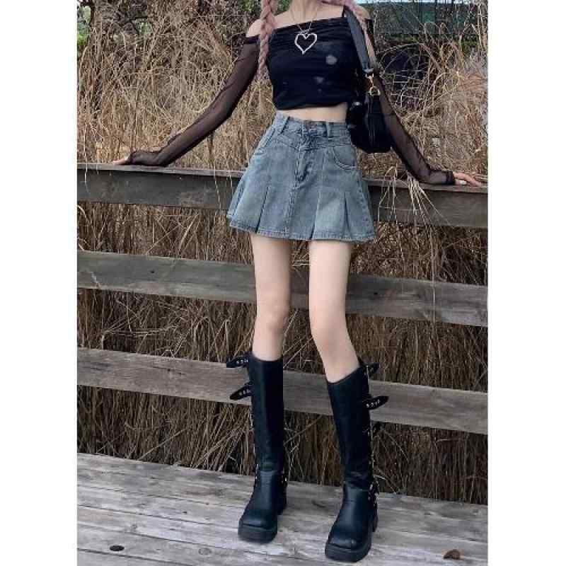 ミニスカート 女性用 デニム 半身スカート 韓国風 春夏 ハイウエスト Aライン 短丈 スリム効果 復古 包み込む ブルー ポケット 付き コットン混 軽量 シワ加工なし シンプル カジュアル 普段使い 膝上丈 細身シルエット デイリー コーデ
