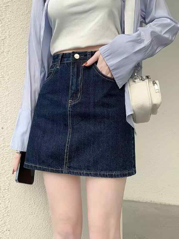 デニムスカート 女性用 夏 ハイウエスト Aライン 短丈 半身スカート 深青 コットン素材 免燻加工 ボタン付き 街頭スタイル 百搭 普段使い 軽量 通勤対応 無弾性 切り替えデザイン