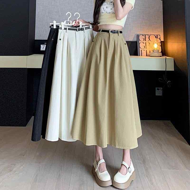 スカート 女性用 通勤 百褶 A字 中長 コットン 牛仔風 切り替え 半身スカート 私服 ハイウエスト 伸縮性 軽量 秋冬 ベーシック カジュアル スタイル 暖かみ 日常使い ブラウン ブラック ベージュ コルセット ウエストマーク レイヤード コーディ