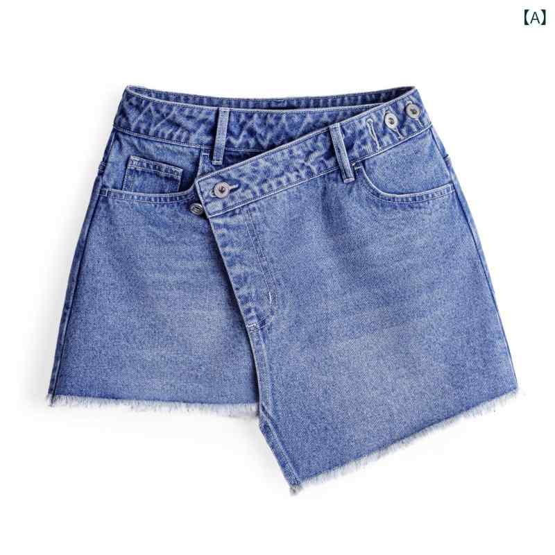 デニム スカート 女性用 春夏 牛仔 ミディ丈 ラップスタイル Aライン 短め 半身スカート 水洗い ブルー コットン 素材 95% 以上 含有 無弾性 快適 カジュアル 日常使い ビンテージ 風 不規則 ヘム ライン ハイウエスト デイリー コーデ 軽(x5)