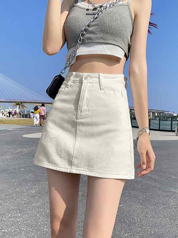 スカート 女性用 夏 コットン デニム 半身スカート 高腰 スリム Aライン 短丈 ミディスカート 口袋付き 切り替え 無弾性 通勤 気質 カジュアル 快適 米白色 ブラック グレー ライトブルー 普段使い 軽量