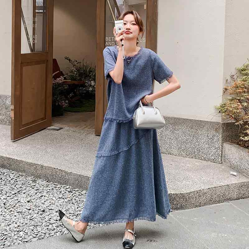 レディース スカートセット 短袖トップス 流蘇スカート 長丈 セットアップ ?? ポリエステル素材 軽量 免?加工 清新 甘い 森ガール スタイル カジュアル 普段使い 夏 春夏 シーズン ブルーグレー かわいい 女性用 トップス ブラウス フレアスカー