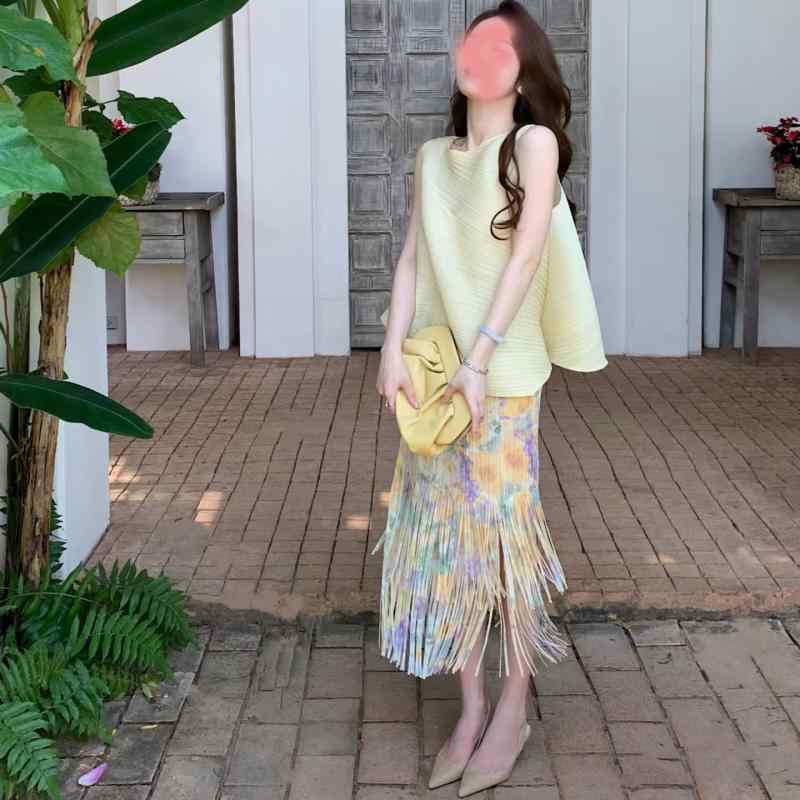 半身スカート 女性用 ミディ丈 プリーツ フレア 流蘇 デザイン ピンク グリーン イエロー 杏色 ブルー ブラック グレー 気質 通勤 スタイル ポリエステル 混 スパンデックス 微弾性 軽量 伸縮性 春夏 コーディネート トップス セット かわいい