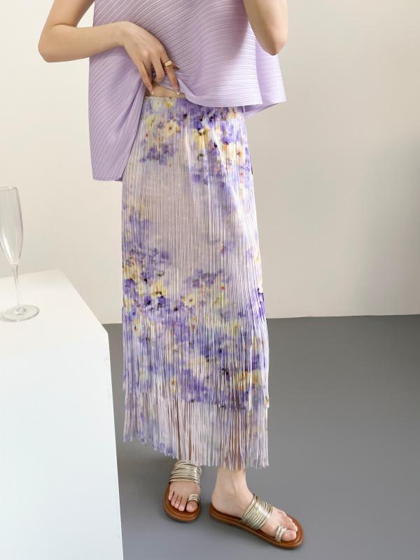 レディース 半身スカート 夏 長め 直筒スカート 高級感 流蘇 フレンジ 切り替え デザイン 気質 通勤 スタイル 紫ロラン 紫 フラワー プリント 植物柄 花柄 ポリエステル ?? ポリエステル繊維 再生繊維 高弾性 伸縮性 ハイウエスト 松?腰 エラ