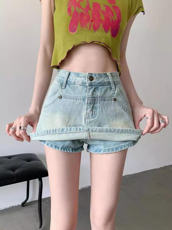 レディース デニム スカート ハイウエスト ミニスカート 短め フレアスカート 包み込み 夏用 コットン 素材 ミディアムストレッチ ヴィンテージ加工 ブルー かわいい スパイシー スタイル スリムフィット 軽量 吸湿速乾 通勤 普段使い アウトドア 対