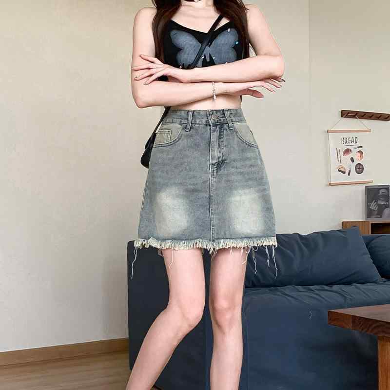 半身スカート 女性用 夏 梨形身材 ヒップカバー スリム 包臀スカート 高腰 Aライン ショートスカート デニム 素材 ポリエステル 混合 ミディアムストレッチ ノーアイロン加工 ポケット デザイン ビンテージカラー ストリートスタイル ヨーロッパ風 個
