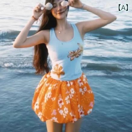 スカート 女性用 夏 通勤風 かわいい 印花 花柄 フラワープリント 花苞スカート ハイウエスト 短丈 Aライン 半身スカート 切り替え デザイン ポルカドット柄 ポリエステル 素材 軽量 微弾性 伸縮性 防走光 機能 気質 優雅 オレンジ カラー ビッ