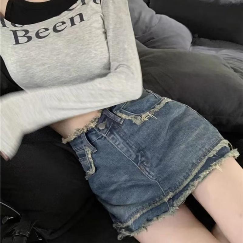 スカート 女性用 デニム 半身スカート ハイウエスト 包臀 マイクロミニ フレア 毛フェザーエッジ 流蘇 切り替え デザイン ブルー コットン ストレッチ 軽量 微弾性 セクシー ストリート ファッション 春夏 普段使い 通勤 かわいい スタイル