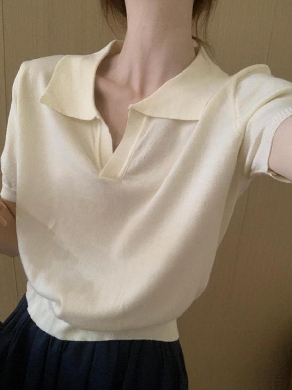 Tシャツ 女性用 韓系 Vネック ポロシャツ 短袖 接触冷感 ポリエステル グレー ブラック ピンク アイボリー 燕麦色 ミルクホワイト 夏 春夏 シンプル かわいい 短丈 ワイドシルエット ルーズフィット 吸湿速乾 軽量 通勤 普段使い 部屋着 快適