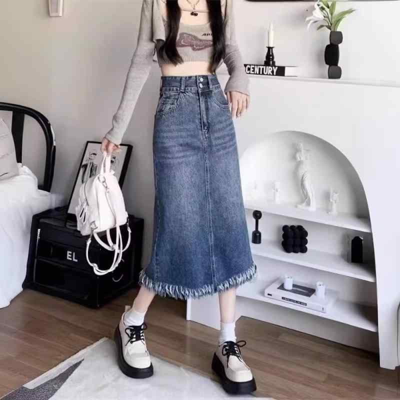 スカート 女性用 牛仔 半身スカート 高腰 中長丈 夏 黒 ビンテージ フリンジ 綿 素材 微弾性 軽量 快適 普段使い 日韓 カジュアル スタイル ポケット デザイン 復古 風