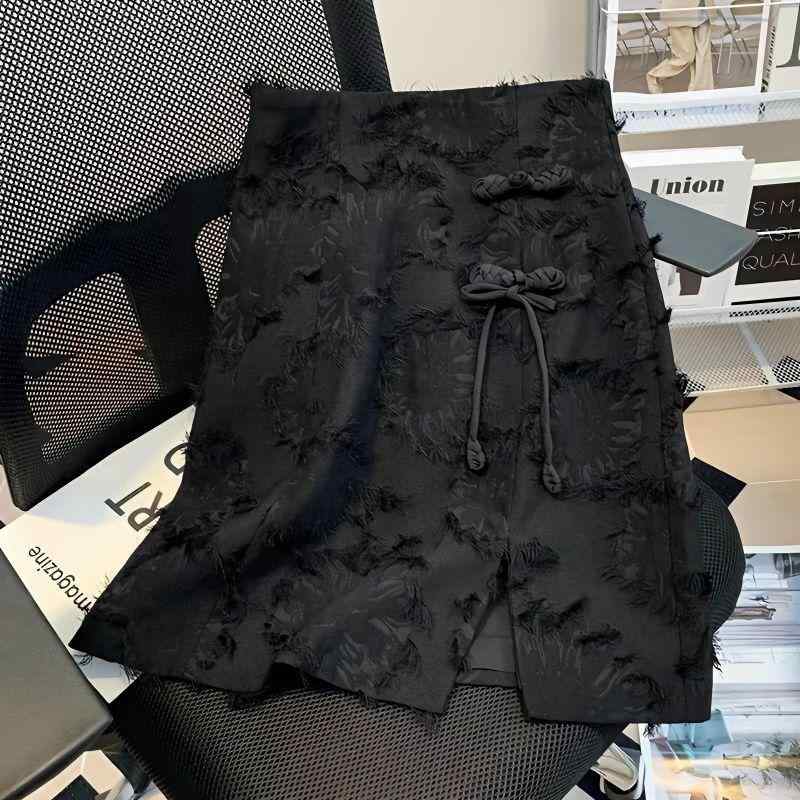 半身スカート レディース 春季 緑 ブラック 雪ニール 再生繊維 切り替え フリンジ 開き ディスクボタン 刺繍柄 ハイウエスト Aライン 短丈 復古 国風 私服 名媛 御姐風 吸湿速乾 軽量 伸縮性 カジュアルスタイル 普段使い