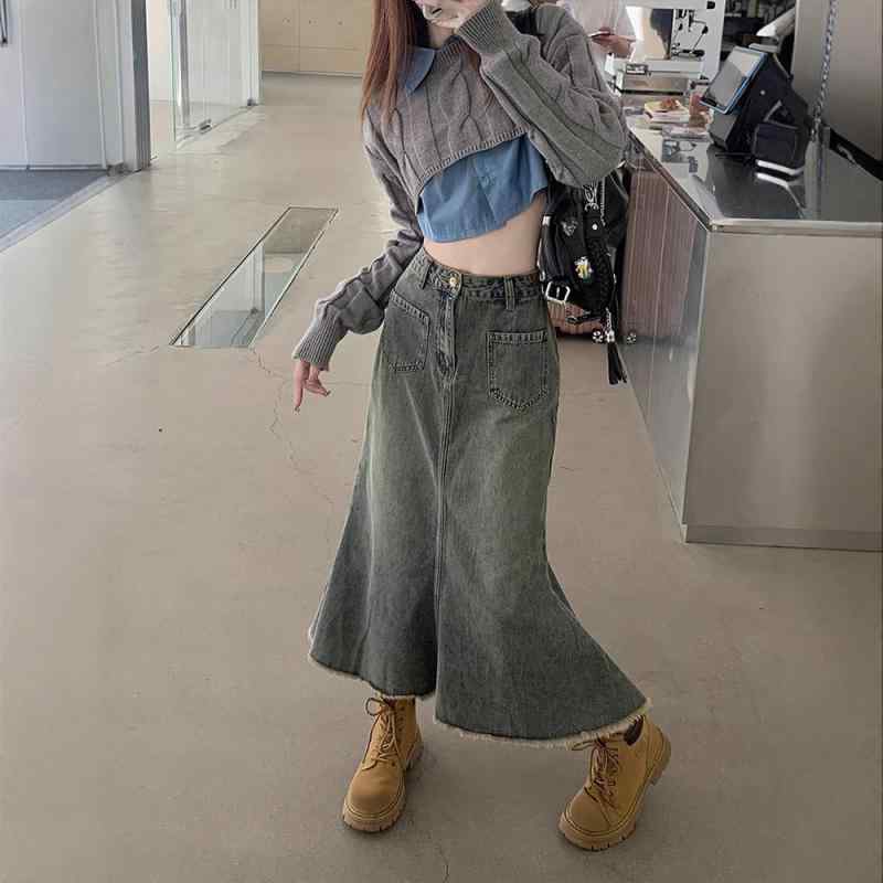 スカート 女性用 ハイウエスト 復古 フィッシュテール ミディ丈 デニム Aライン 半身スカート 気質 通勤 スタイル かわいい 清新 綿素材 コットン 無地 免燻処理 流蘇 装飾 復古ブルー カラーリング 梨形 ボディ 対応 スリム 効果 ビッグサイズ