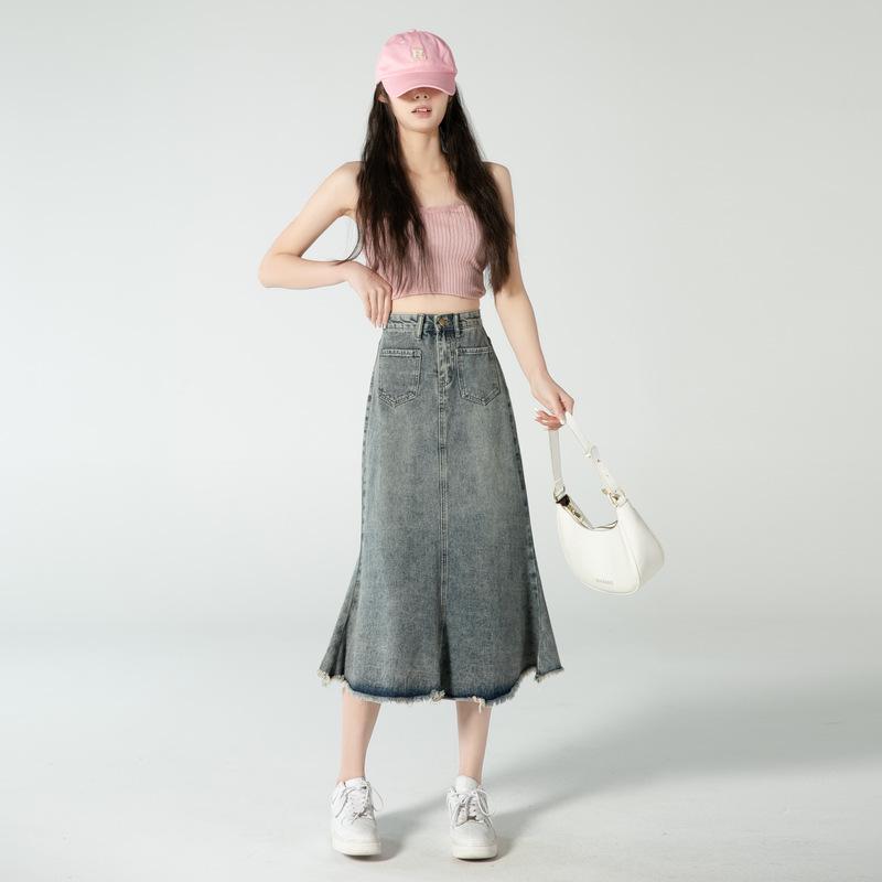 スカート 女性用 梨形対応 デニム ミディ 魚尾 Aライン フレア スカート 牛仔布 ポリエステル 混合 微弾性 立体カット 立体装飾 フリンジ 切り替え デザイン レトロ ブルー かわいい プリンセス スタイル 軽量 ゆったり シルエット スリム 効果
