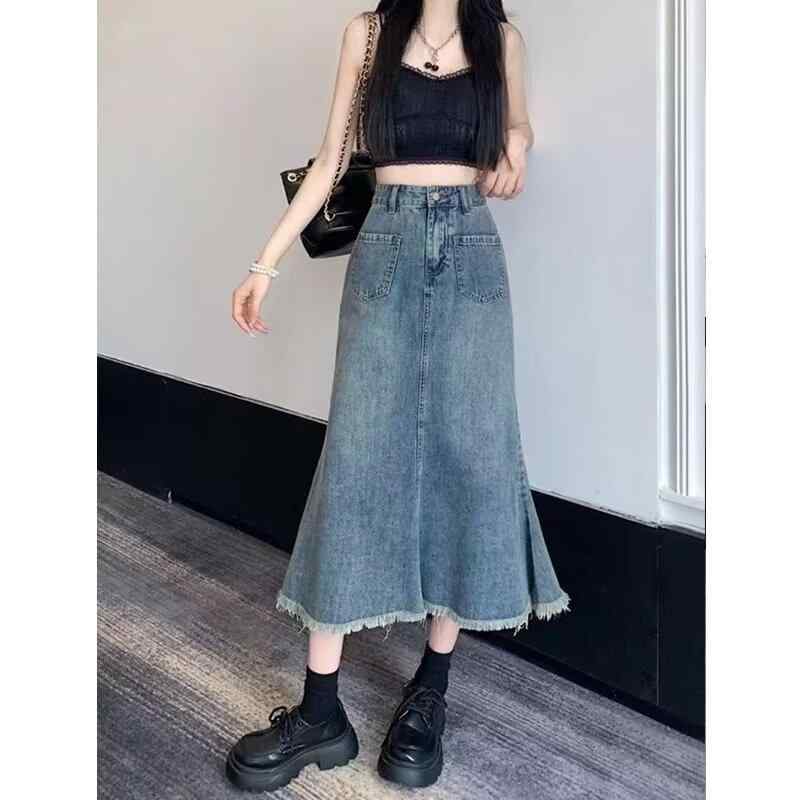 スカート 女性用 秋冬 ハイウエスト 牛仔スカート ミディ丈 魚尾スカート フレア 毛羽立った裾 デニム生地 ポリエステル 微弾性 切り替えデザイン 復古ブルー 軽量 伸縮性 街頭スタイル セクシー 普段使い 通勤用 スリム効果 百搭 潮風