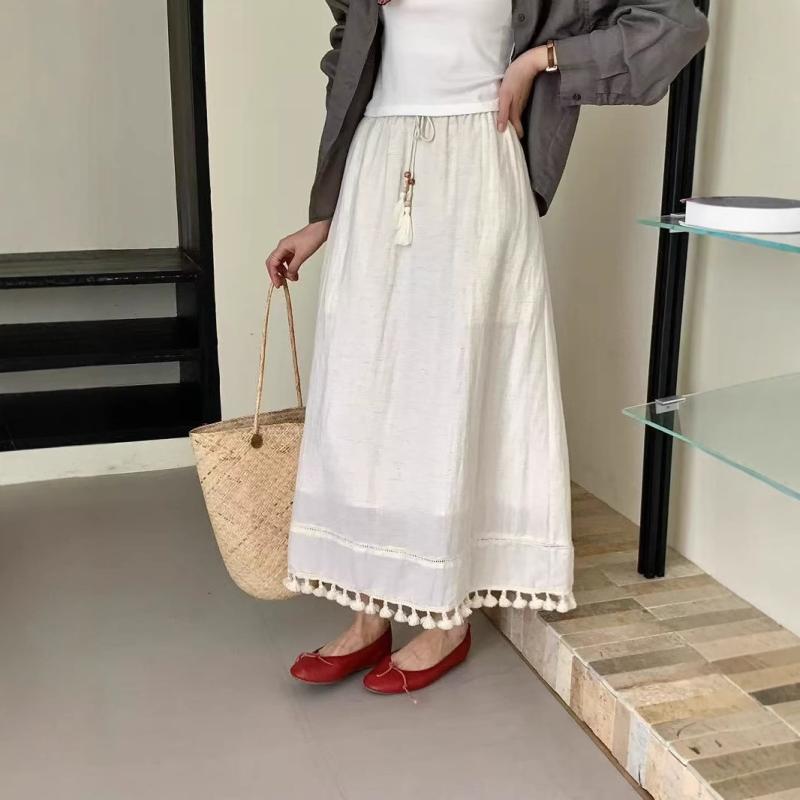 スカート 女性用 夏 春夏 半身スカート ミディ丈 ゆったりシルエット 麻 綿麻素材 95%以上 レース 花柄 刺繍 フリンジ 装飾 切り抜き デザイン 無弾性 軽量 通気性 吸湿性 速乾 かわいい ガーリー スタイル ボヘミアン 風 レトロ 芸術的 風｜LiLishop6