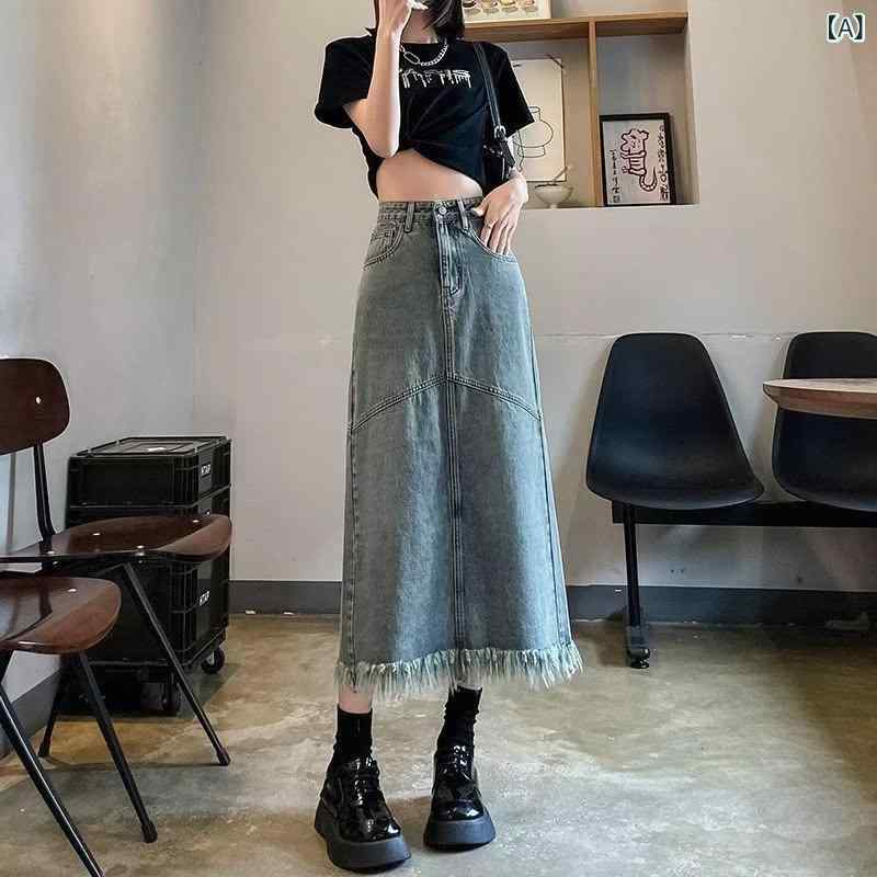 スカート 女性用 夏用 コットン デニム Aライン ハイウエスト 中長丈 フレア スリット ポケット 付き ヴィンテージカラー 軽量 微弾性 ゆったり シルエット 普段使い かわいい 日韓風 快適 スタイル ラフ