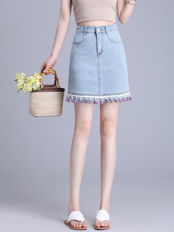 スカート レディース デニム 半身スカート 夏 かわいい Aライン ハイウエスト 流蘇 短丈 民族風 小柄対応 遮尻 防走光 コットン ポリエステル 中弾力 ライトウェイト ブルー 切り替え デイリー カジュアル 日韓スタイル 吸湿速乾 通勤 普段使い