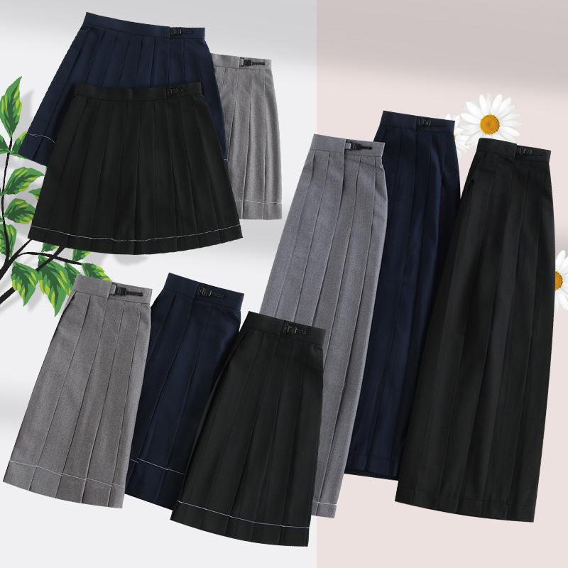 JKスカート 女子用 制服 プリーツスカート 高腰 純色 学生服 ロングスカート 半身スカート コットン混 ポリエステル素材 夏向け 軽量 伸縮性 ネイビー ブラック グレー かわいい 学院風 甘め 普段使い 通学用 プリーツ フレア ミディアム丈 フレ