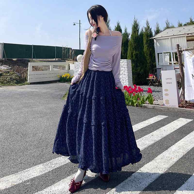 半身スカート 女性用 春夏 ブルー フラワー柄 韓風 復古 2026年 高腰 Aライン ミドル丈 スカート トップス かわいい 甘め スタイル 気質 エレガント ミッドストレッチ ポリエステル 繊維 軽量 通勤用 普段使い 部屋着 アウトドア ハイウエス