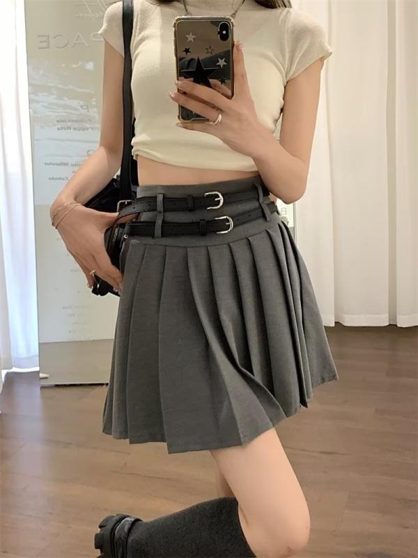 スカート 女性用 ハイウエスト 包臀 百褶 短丈 かわいい 学院風 甘辛ミックス デザイン性 ダブル 腰帯 付き 黒 グレー ポリエステル 無弾性 秋 私服 スタイル 名媛風 甘め フレッシュ 普段使い 軽量 シンプル シルエット 調整可能 ファッション